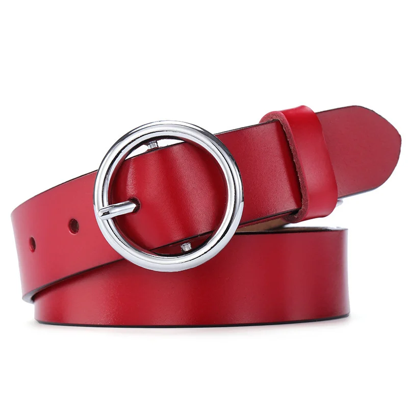 Ceinture en cuir pour femme – Boucle ronde, style coréen casual et élégant 5 Accessoire de mode en cuir rouge pour femme, ceinture avec boucle ronde ajustable