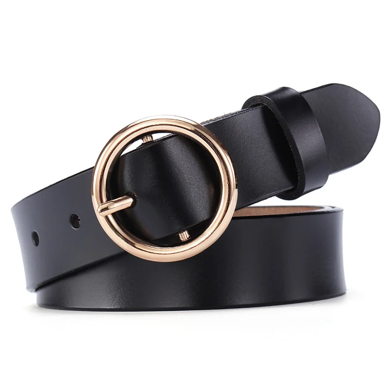 Ceinture en cuir pour femme – Boucle ronde, style coréen casual et élégant 6 Accessoire de mode en cuir noire pour femme, ceinture avec boucle ronde ajustable