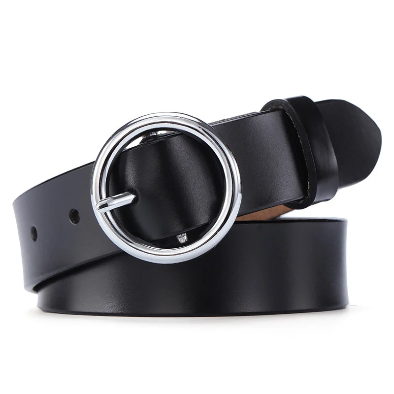Ceinture en cuir pour femme – Boucle ronde, style coréen casual et élégant 3 Ceinture en cuir noire pour femme avec boucle ronde en alliage, style coréen élégant et casual