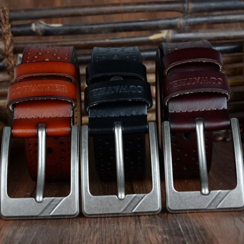 Ceinture en cuir marron pour homme, avec design perforé et boucle carrée résistante