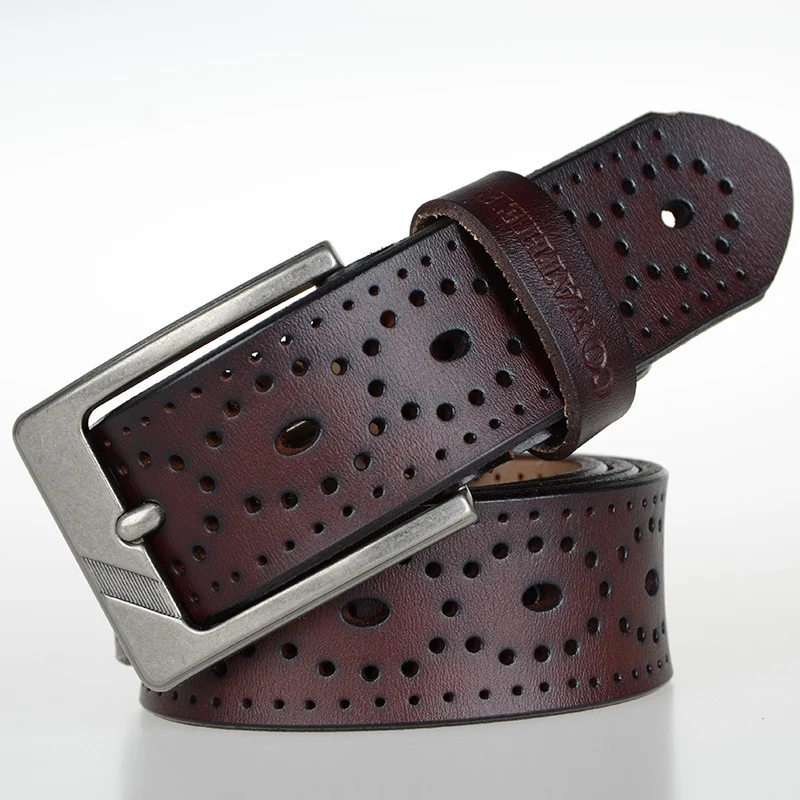 Ceinture en cuir marron perforée pour homme avec boucle carrée en alliage, style robuste et élégan