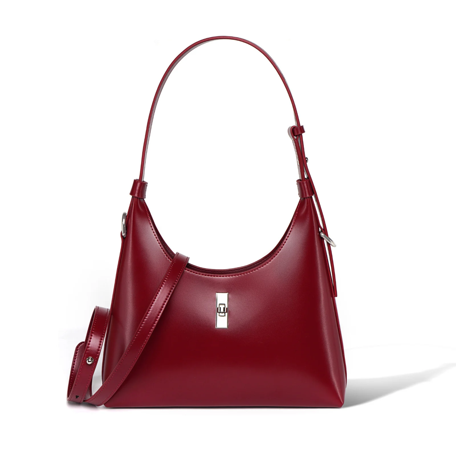 Sac à main rétrospectif en cuir véritable – Format Croissant 9 Sac en cuir rouge avec détails de couture artisanaux