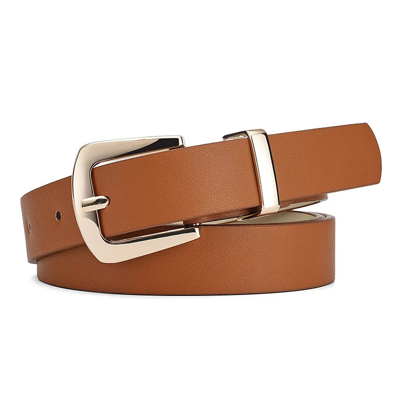 Ceinture cuir élégante pour femme – Couleurs pastel avec boucle dorée 1 Ceinture marron élégante avec boucle dorée, idéale pour compléter des tenues décontractées ou habillées