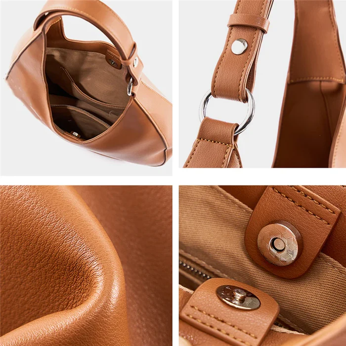 Vue rapprochée du cuir souple et des finitions artisanales du sac demi-lune