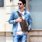 Sac à Bandoulière en Cuir Véritable pour Homme_porté à l'avant