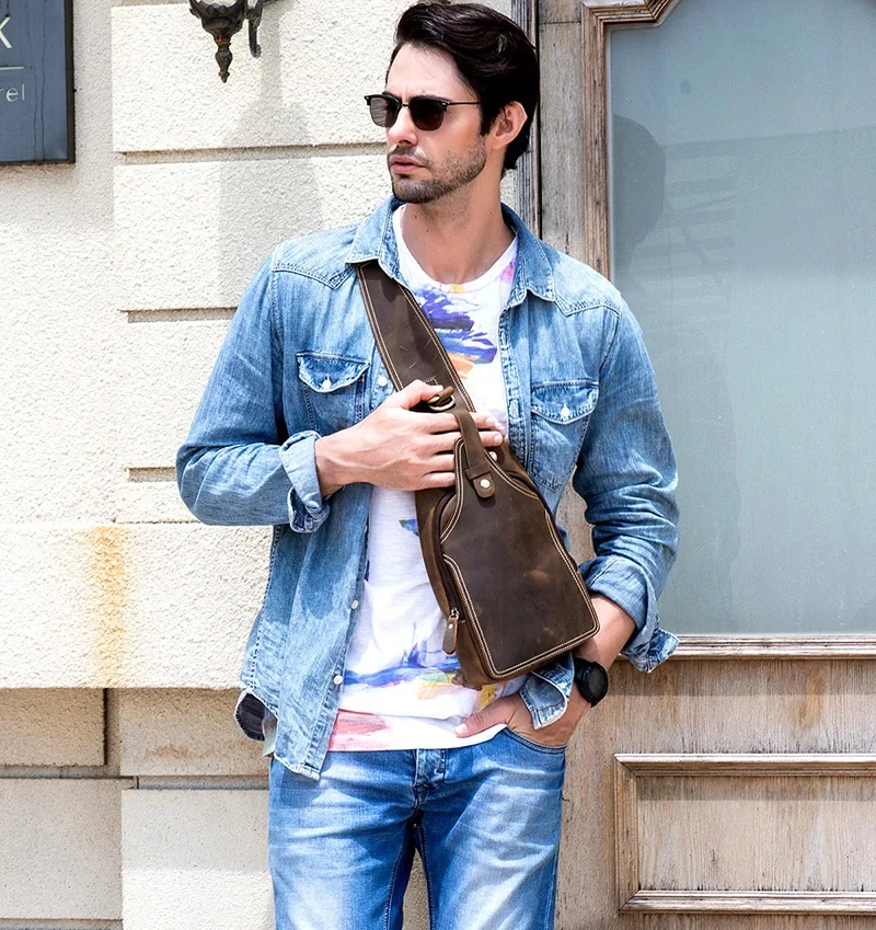 Sac à Bandoulière en Cuir Véritable pour Homme_porté à l'avant