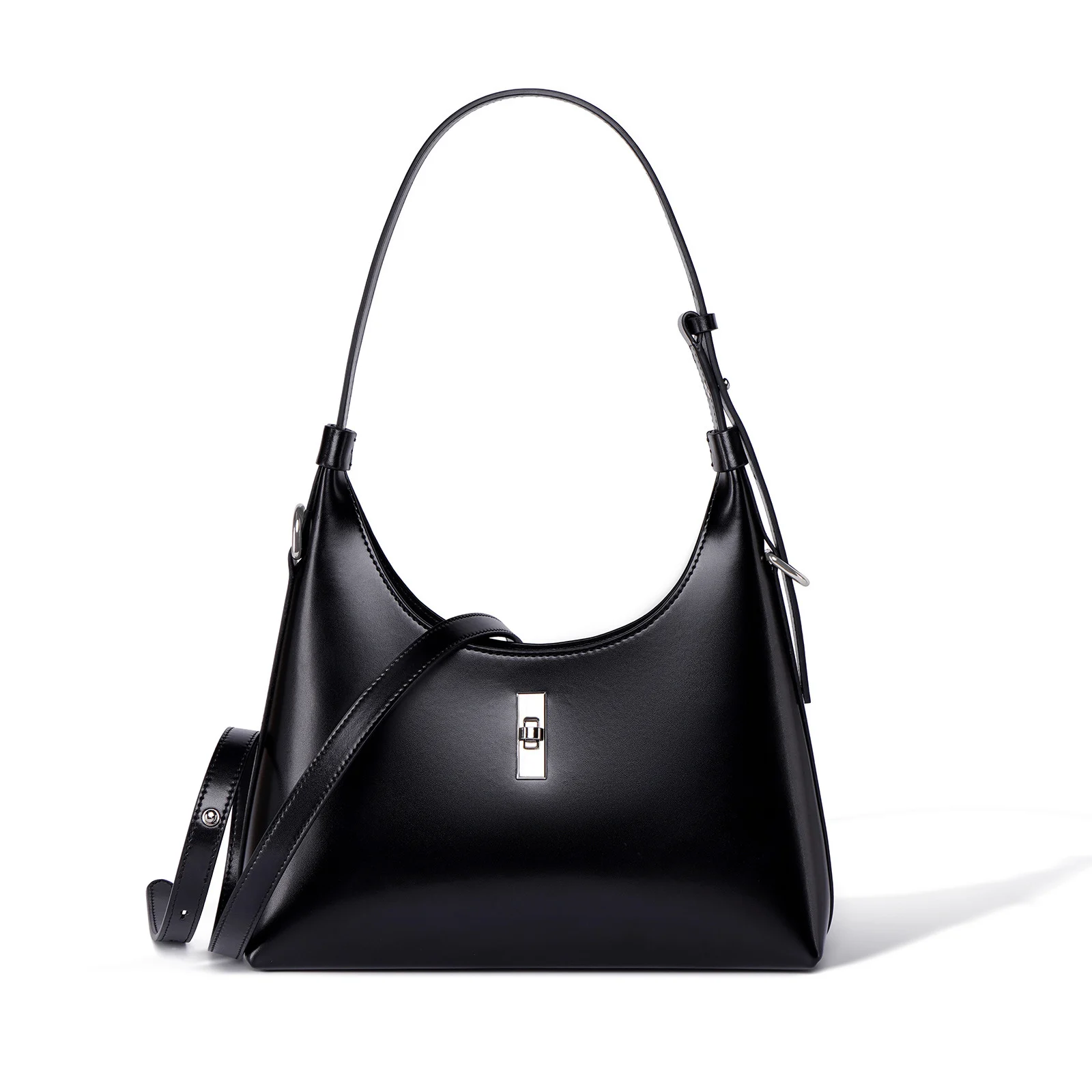 Sac à main rétrospectif en cuir véritable – Format Croissant 7 Sac à main en cuir noir avec anse souple et pratique