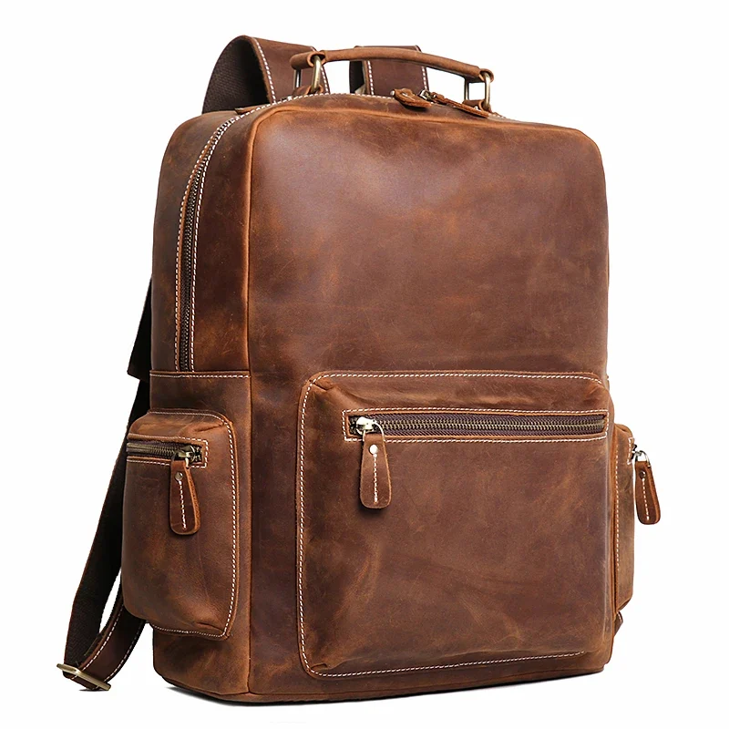 Sac à dos en cuir Crazy Horse marron foncé avec poches multiples