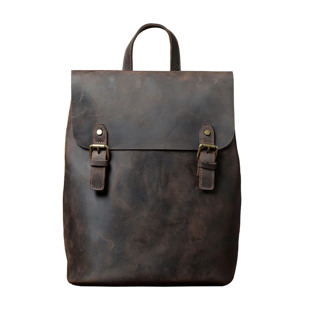 Sac à Dos Rétro en Cuir Véritable - Modèle Simple et Élégant en Cuir de Première Couche 1 Sac à dos rétro en cuir marron foncé avec boucles en métal