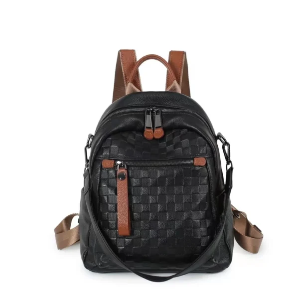 Sac à dos en cuir véritable noir avec motif damier diamant