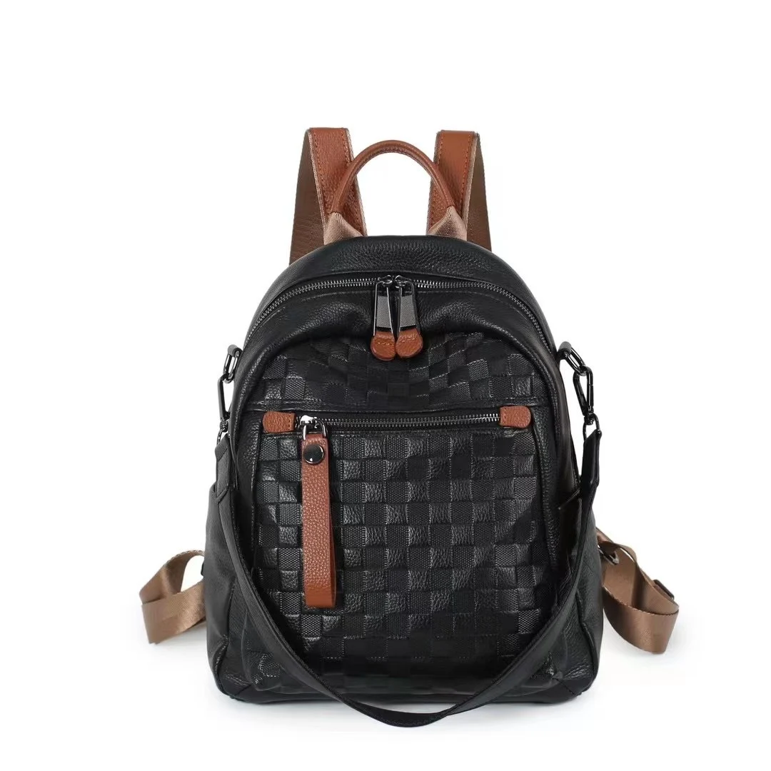 Sac à dos en cuir véritable noir avec motif damier diamant