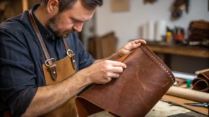 Comment Reconnaître un Cuir Véritable : 5 Signes Clés, Artisan Tenant Un Morceau De Cuir Authentique Artisan Maroquinier.com