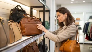 Comment Choisir un Sac en Cuir de Qualité : Guide Ultime, Femme Entrain De Choisir Un Sac En Cuir1 Artisan Maroquinier.com