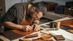 Un Artisan Travaillant Sur Une Pièce De Cuir De Haute Qualité Artisan Maroquinier.com