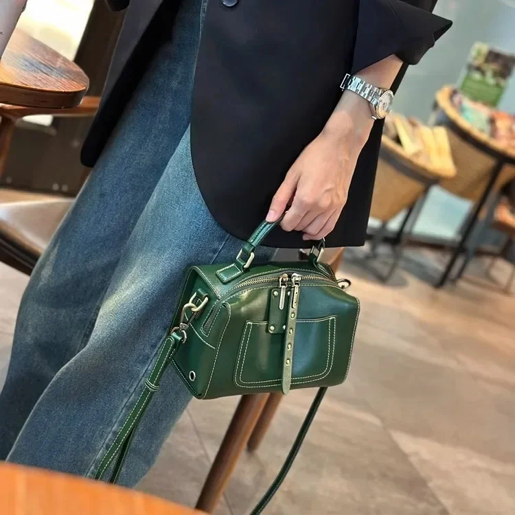 Sac à Bandoulière en Cuir de Vachette – Style Boston Vintage_vert